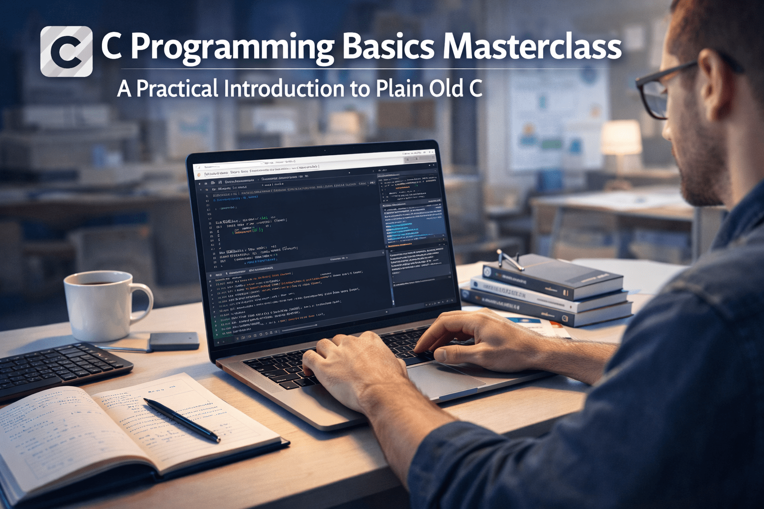Student learning C programming basics on a computer with code editor and debugging tools in a modern coding workspace