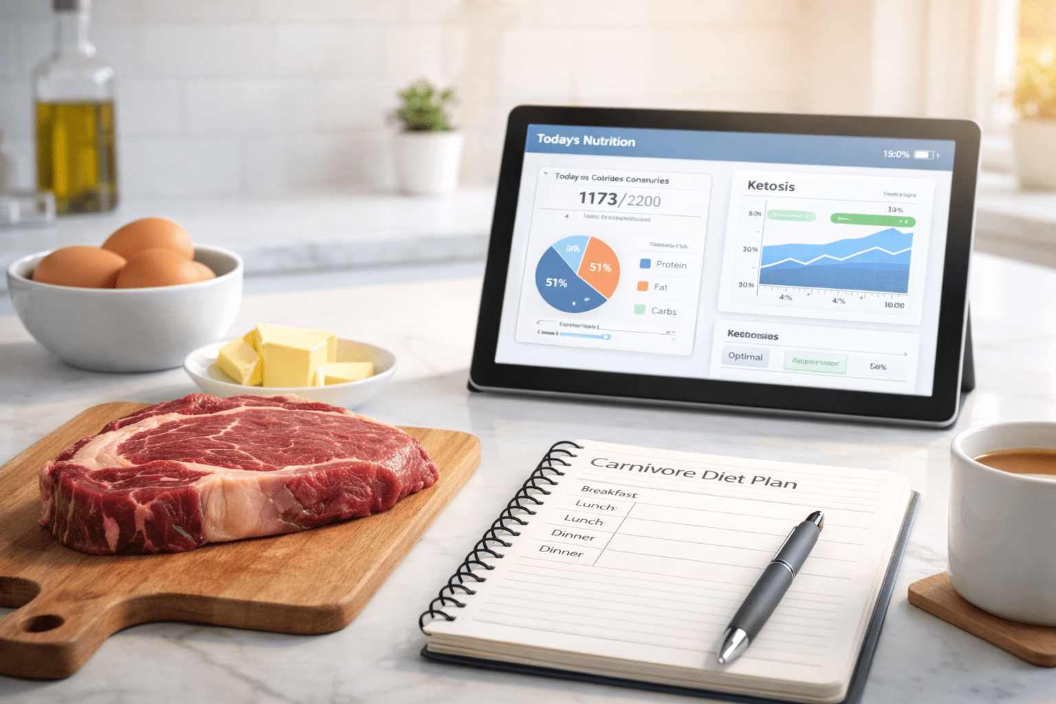 Carnivore diet course showing meat-based meals, scientific nutrition charts and a healthy lifestyle learning environment