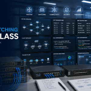 Cisco Routing Switching lab with enterprise routers, switches, OSPF, BGP, VLANs, and network topology diagrams.