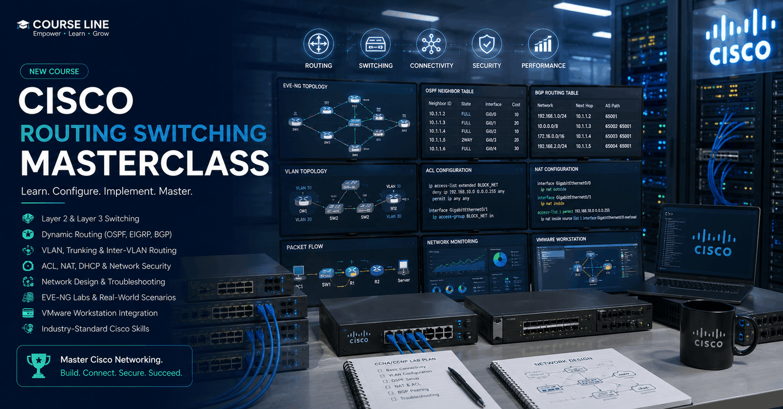 Cisco Routing Switching lab with enterprise routers, switches, OSPF, BGP, VLANs, and network topology diagrams.