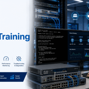 Cisco Routing Training showing router configuration, IOS management, IP setup, and network troubleshooting tools.