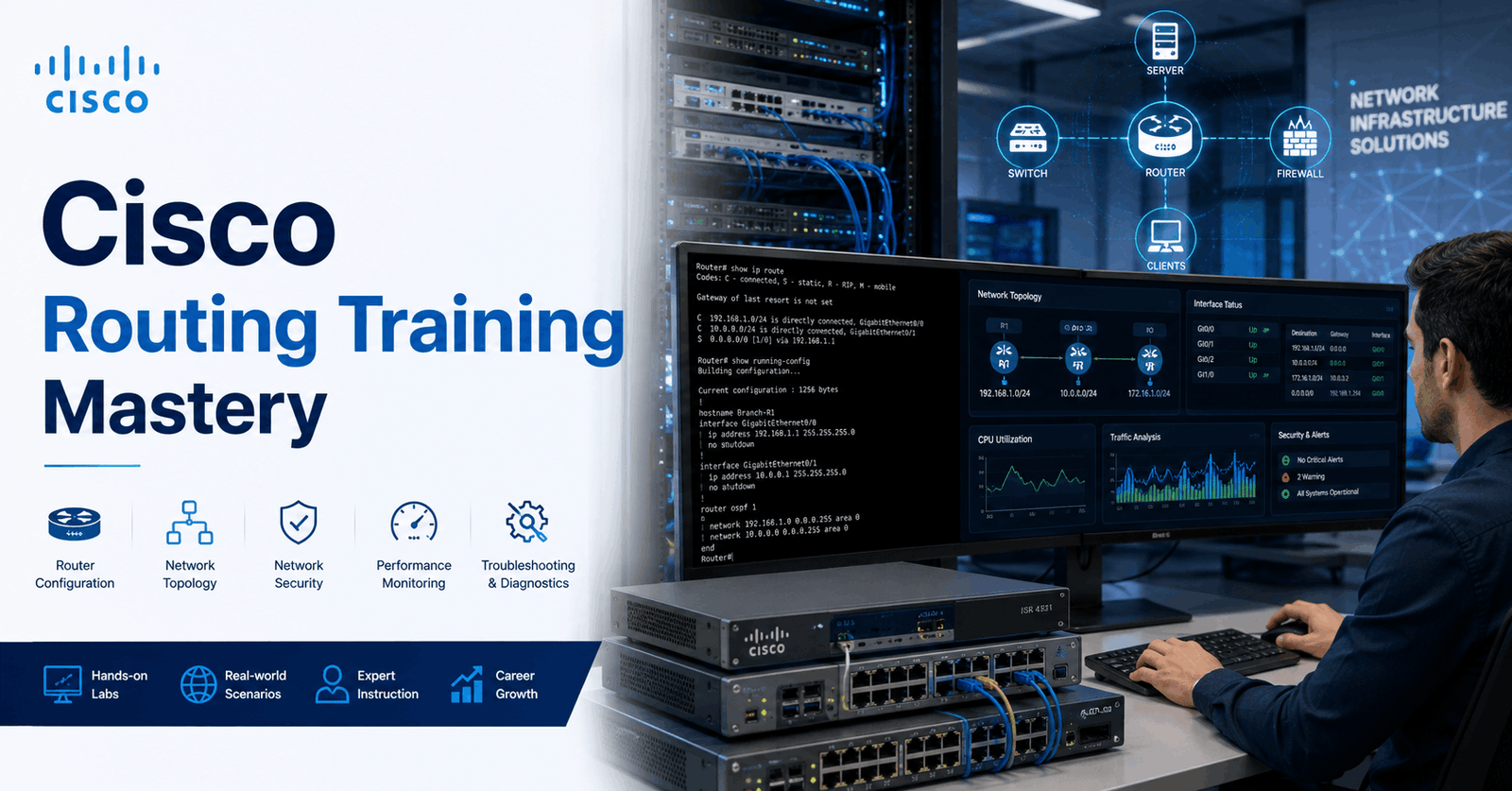Cisco Routing Training showing router configuration, IOS management, IP setup, and network troubleshooting tools.