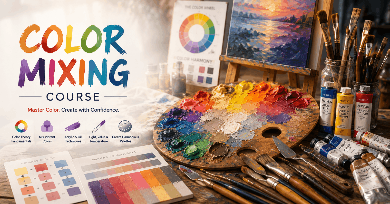 Color Mixing Course showing acrylic and oil paints, colour palettes, brushes, and creative painting techniques.