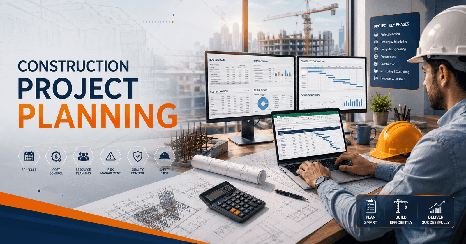 Construction Project Planning dashboard with Excel schedules, Gantt chart, BOQ, resource planning, and project costing.