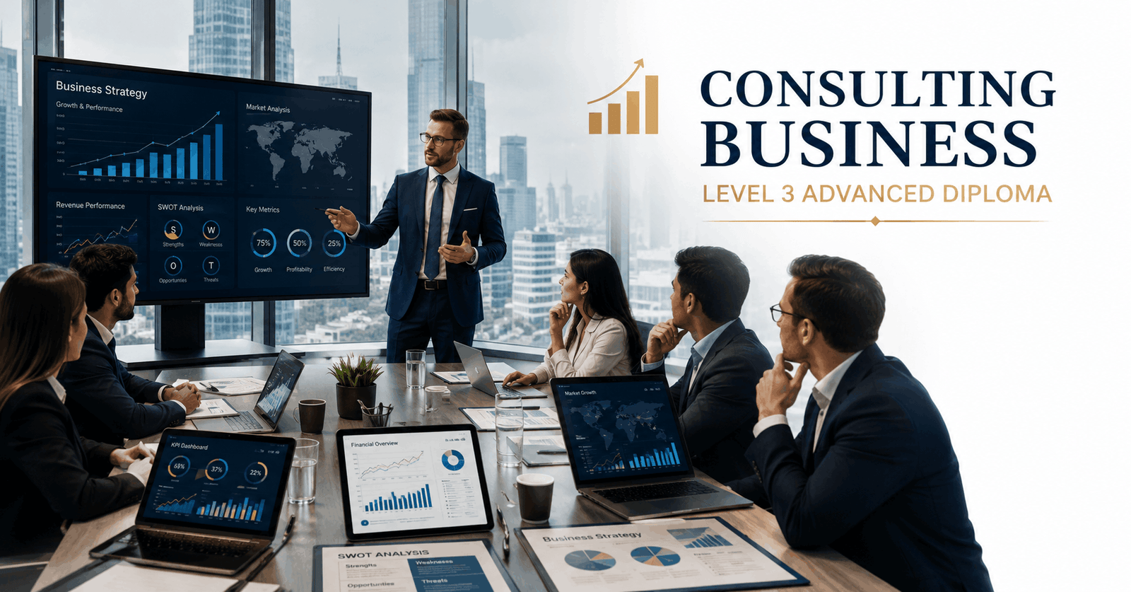 Business consultant presenting strategic solutions during a Consulting Business Diploma training session.