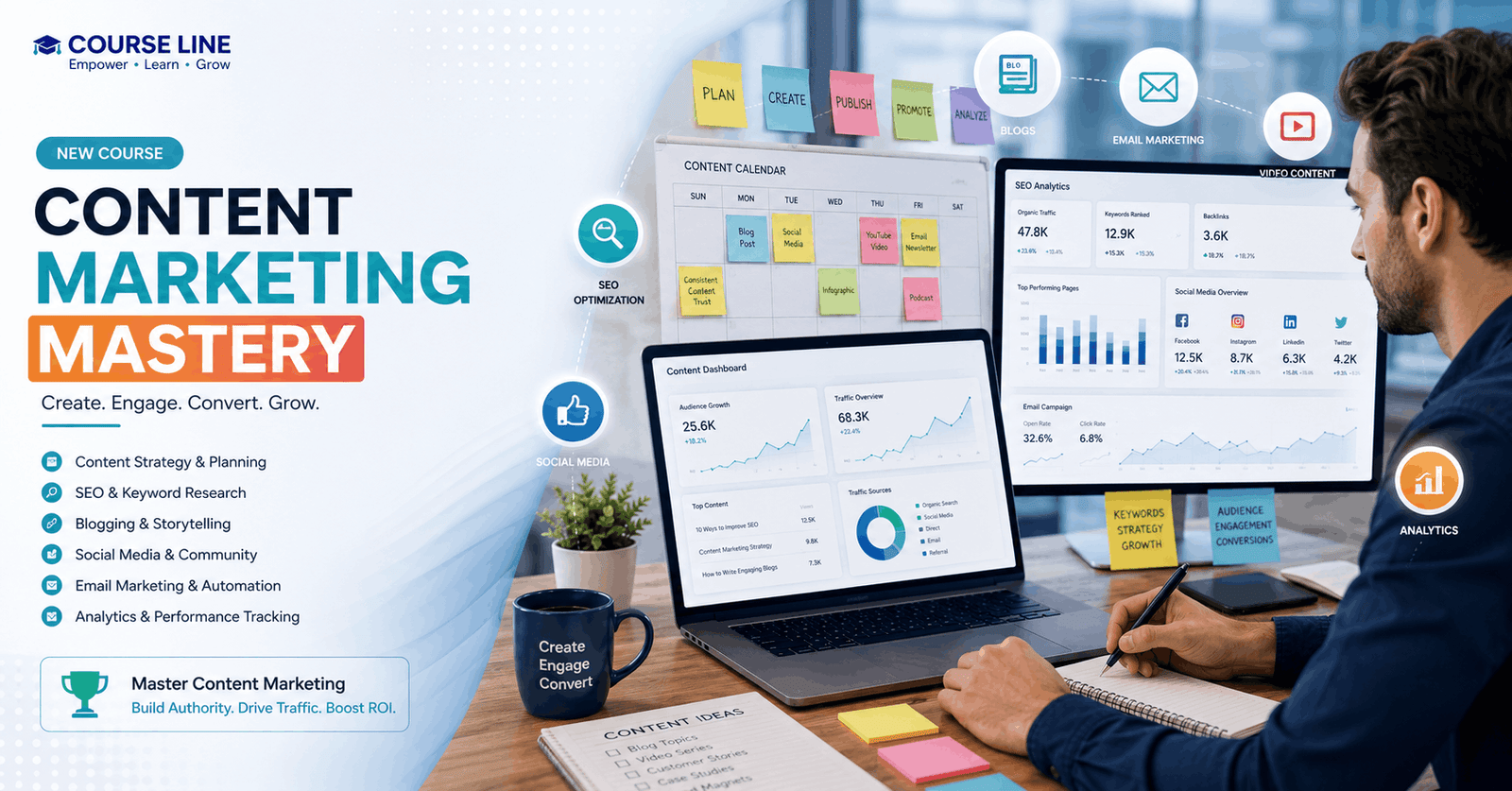 Content Marketing Mastery course showing content strategy, editorial planning, analytics and content promotion workflow.