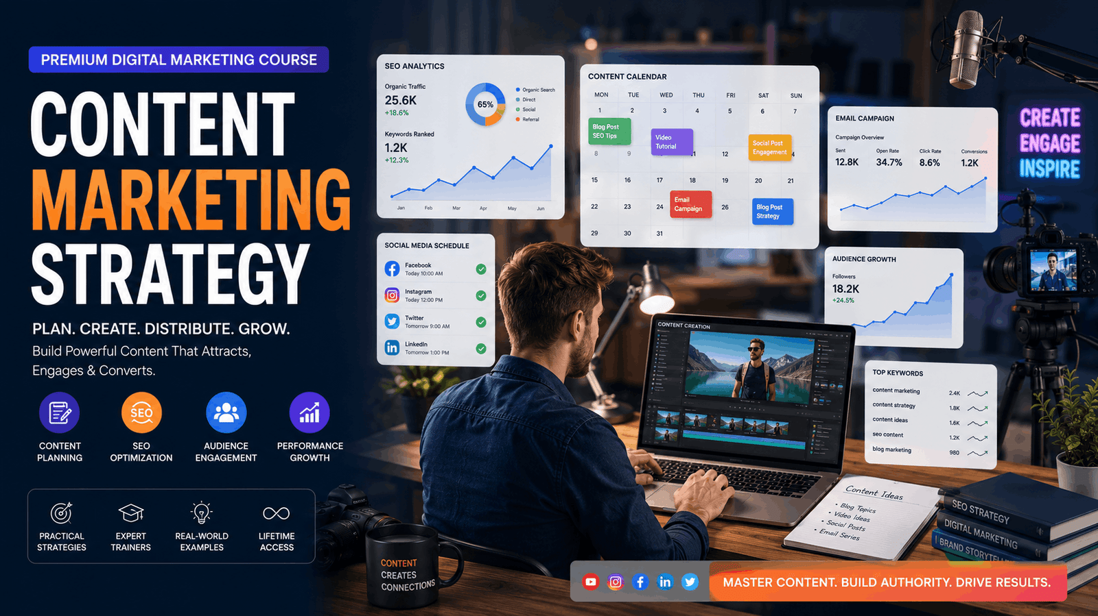 Content Marketing Strategy course showing SEO, video creation, email campaigns, and social media content planning.