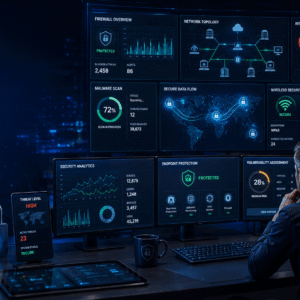 Cybersecurity Fundamentals showing network security, firewall protection, encryption, malware defence, and secure systems.