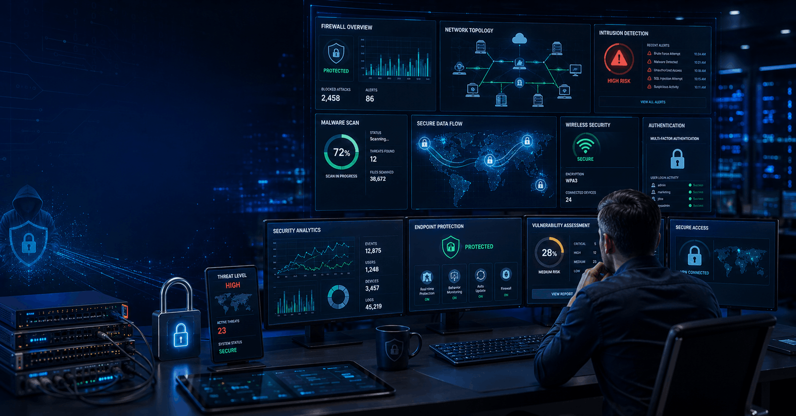 Cybersecurity Fundamentals showing network security, firewall protection, encryption, malware defence, and secure systems.