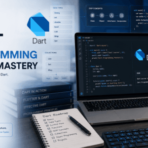 Dart Programming Course showing code editor, Dart syntax, variables, data types, and modern programming concepts.