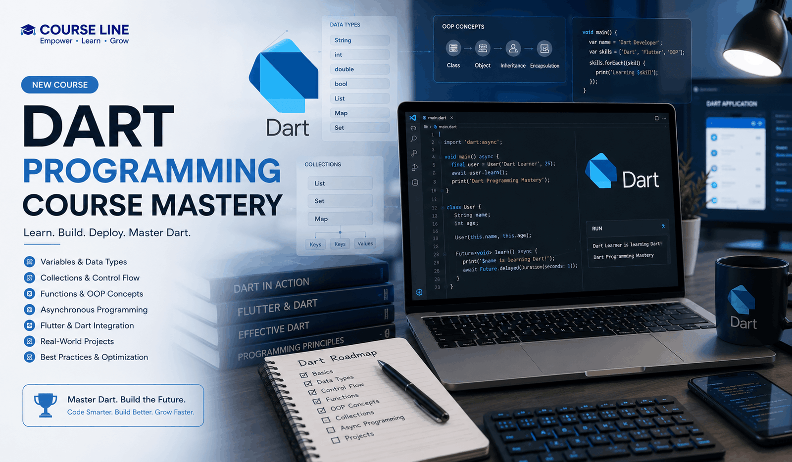 Dart Programming Course showing code editor, Dart syntax, variables, data types, and modern programming concepts.