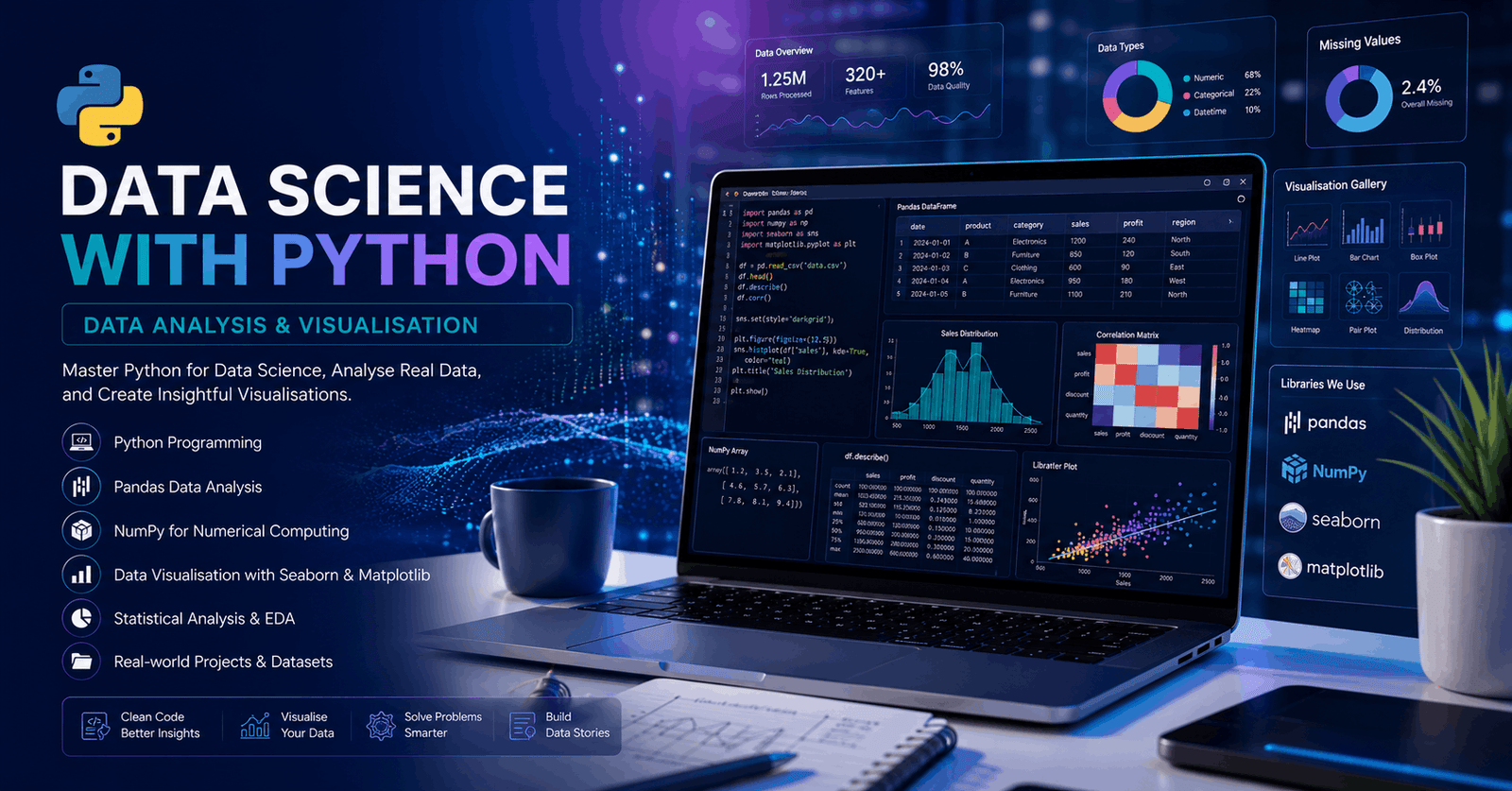 Data Science with Python course showing Pandas analysis, charts, code, datasets, and visualisation workflows.