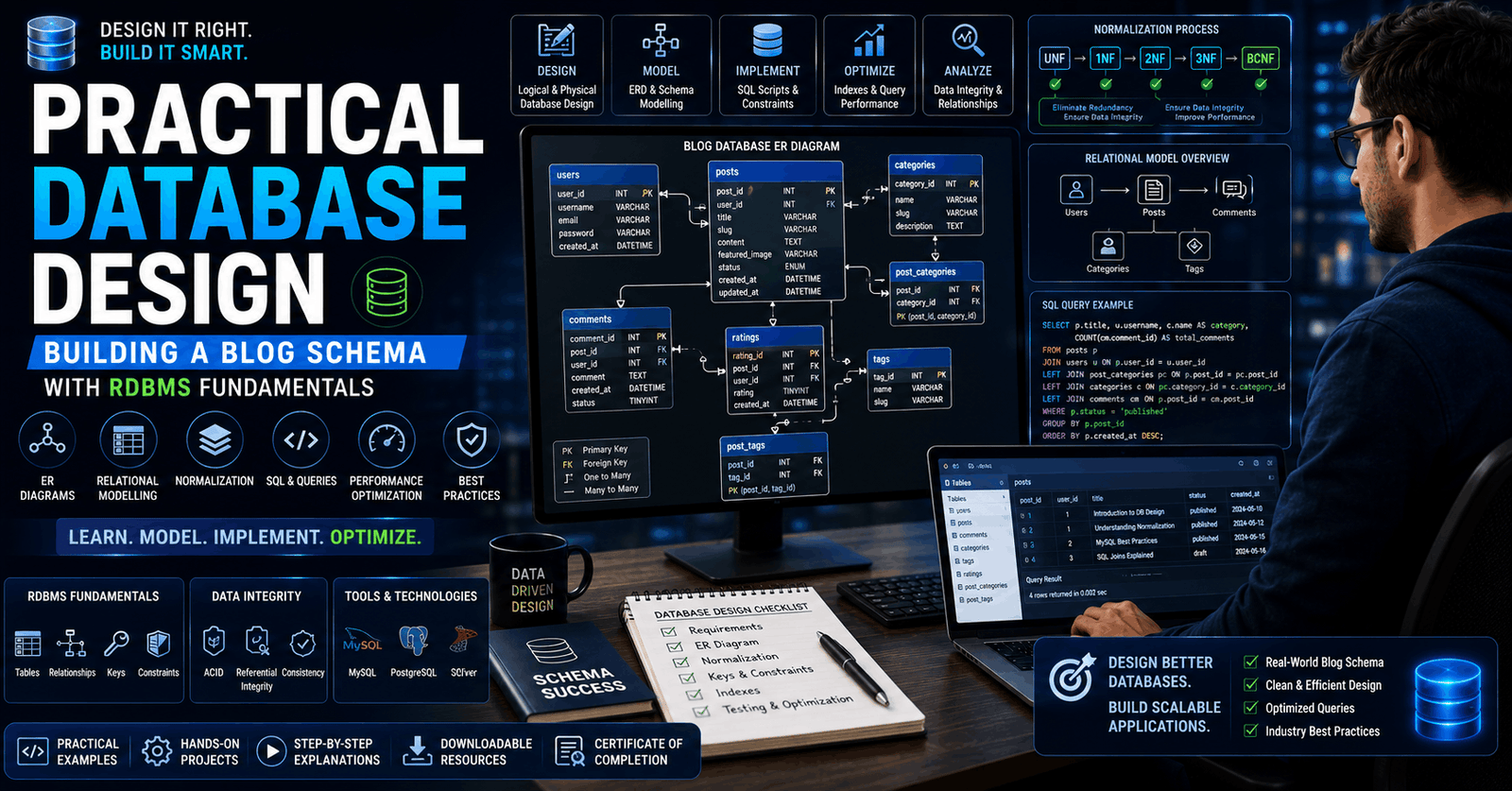 Student learning database design course with ERD diagrams schema design and relational database modeling tools