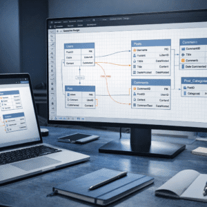 Database design masterclass workspace showing ERD diagrams, tables and relational schema on a modern computer screen