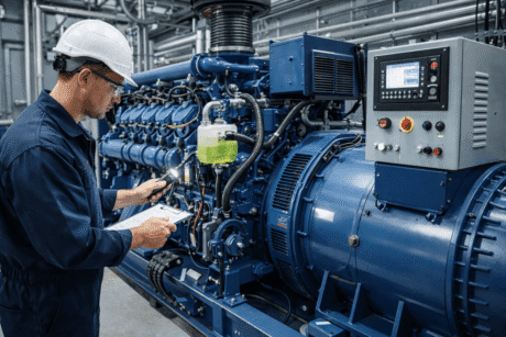 Diesel generator inspection being performed on engine components, cooling system and control panel in a power plant