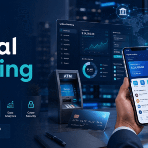Digital Banking course showing mobile payments, cards, ATMs, online banking platforms and financial technology solutions.