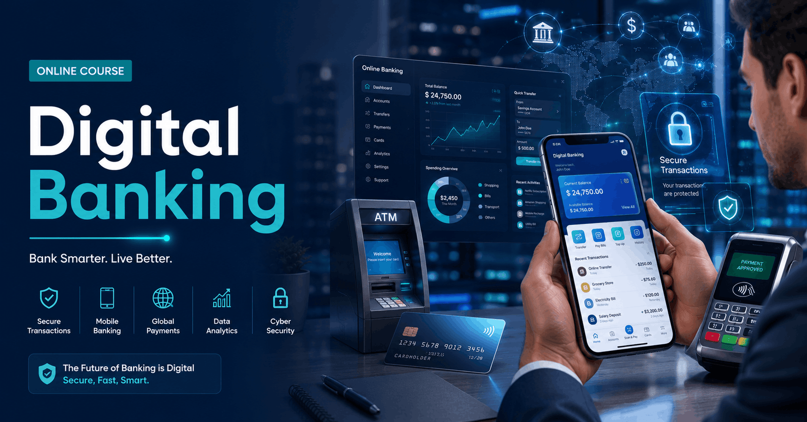 Digital Banking course showing mobile payments, cards, ATMs, online banking platforms and financial technology solutions.