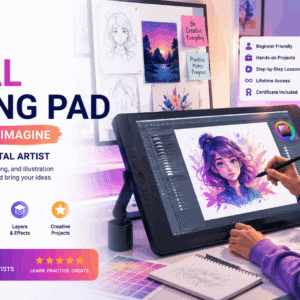 Beginner artist using a Digital Drawing Pad to sketch, colour, edit layers, and create digital artwork professionally.