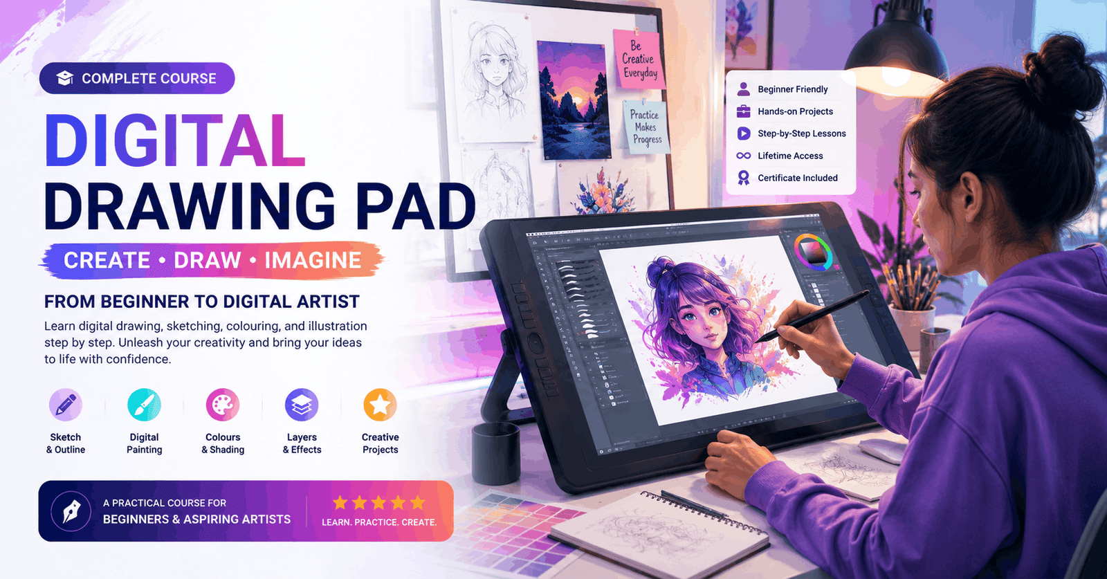 Beginner artist using a Digital Drawing Pad to sketch, colour, edit layers, and create digital artwork professionally.