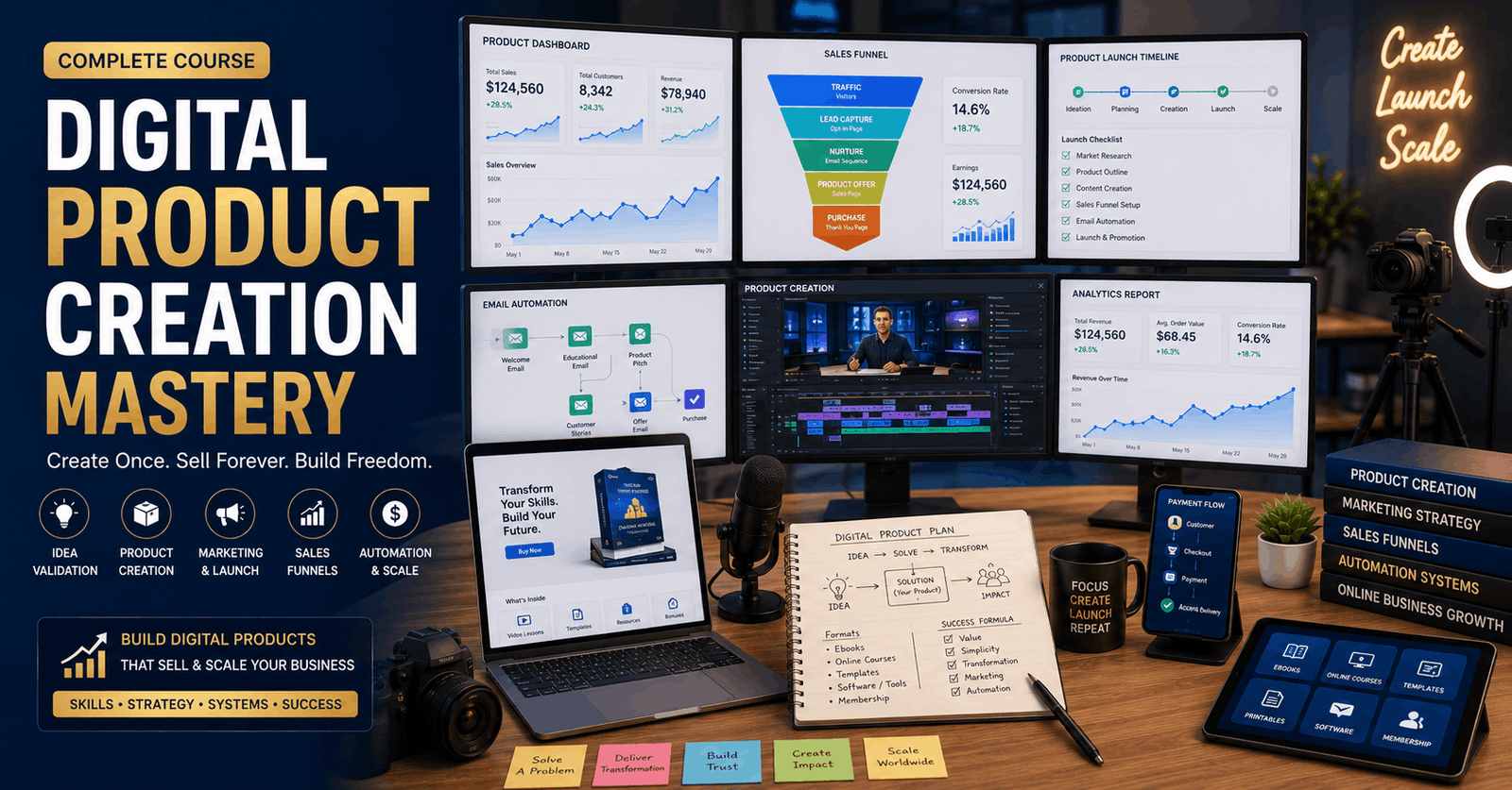 Entrepreneur building a Digital Product Creation business with sales funnels, video production, and marketing dashboards.