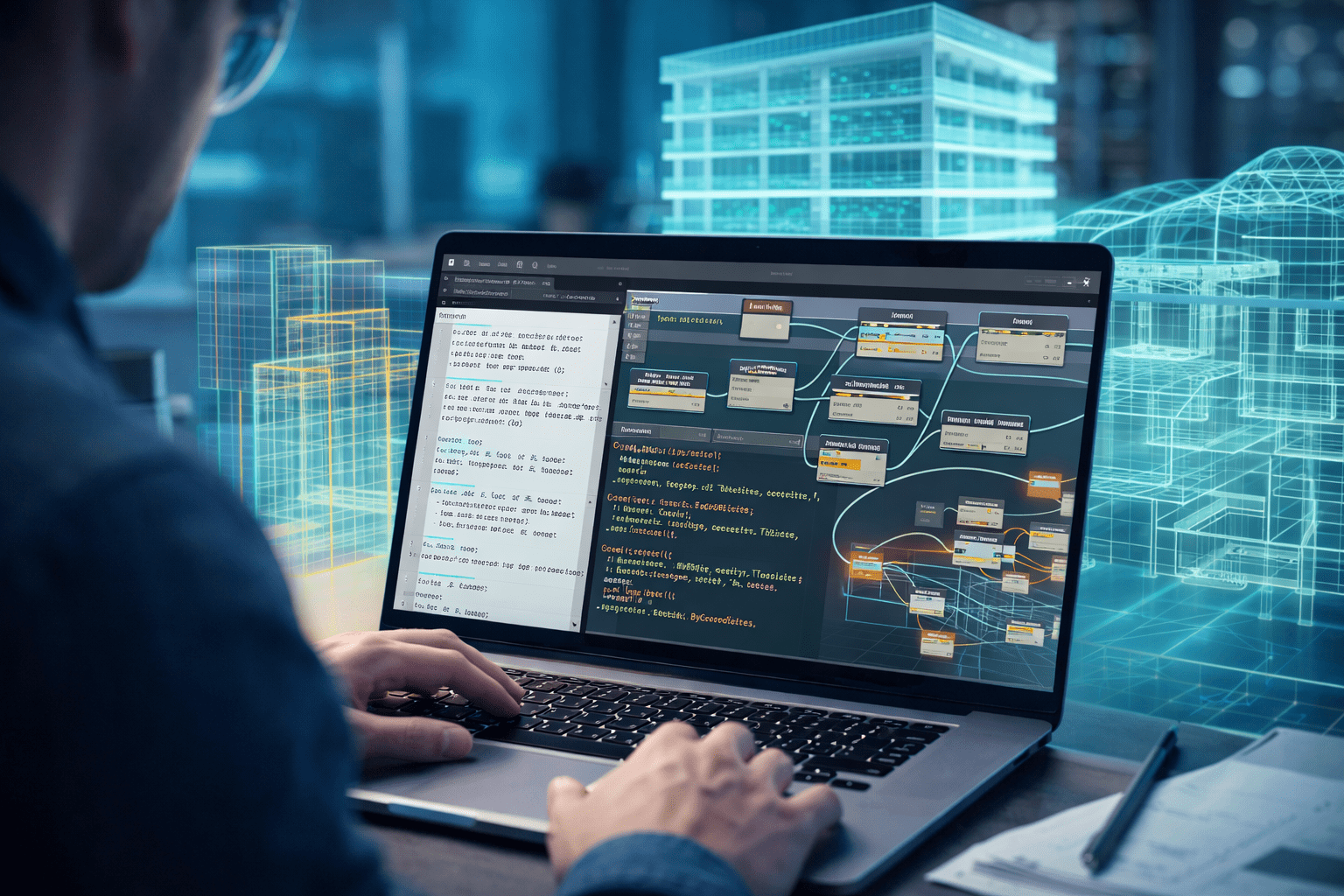 A BIM designer using dynamo python scripting to generate and modify 3D building geometry inside a digital modelling workspace.