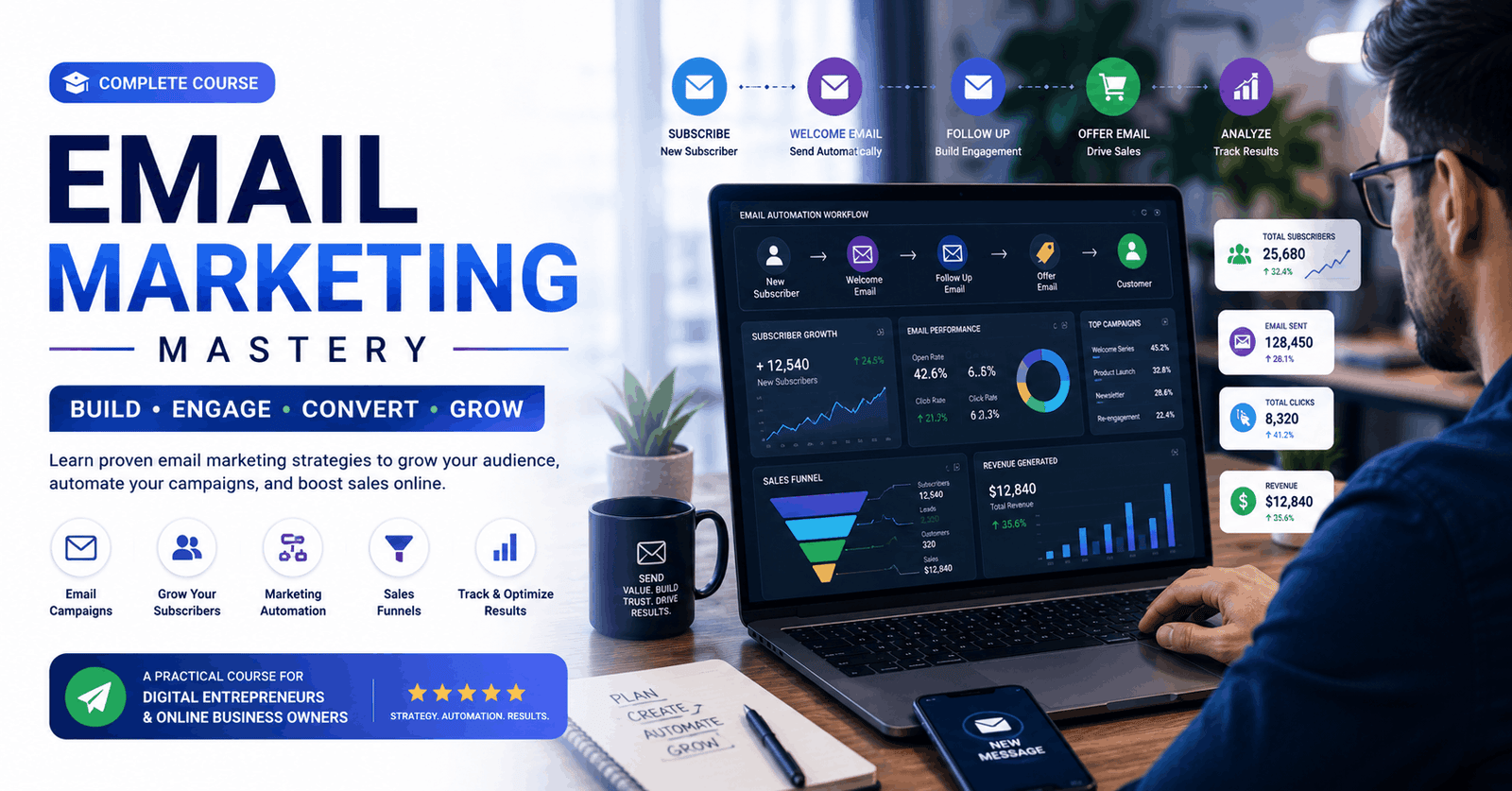 Professional learning Email Marketing Course strategies with email funnels, automation, analytics, and subscriber growth tools.