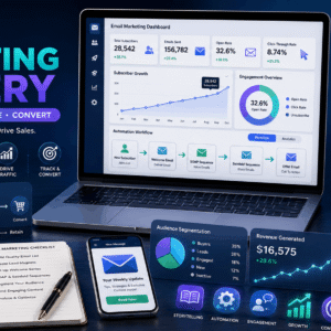 Email Marketing Mastery dashboard with autoresponder sequences, email automation, subscriber growth, and engagement analytics.