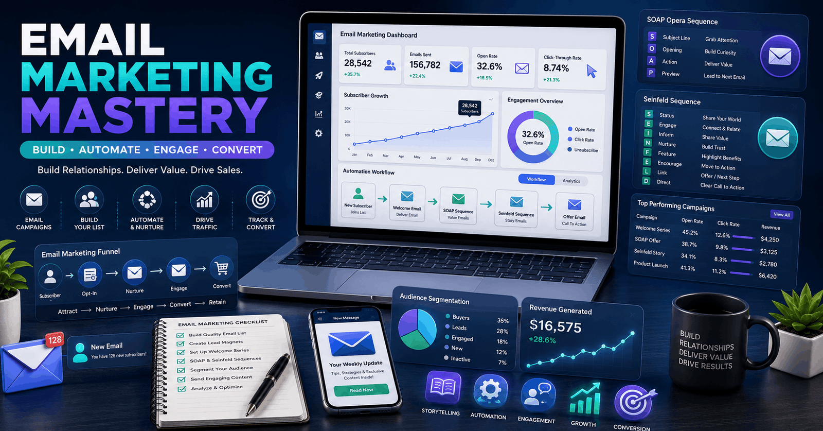 Email Marketing Mastery dashboard with autoresponder sequences, email automation, subscriber growth, and engagement analytics.