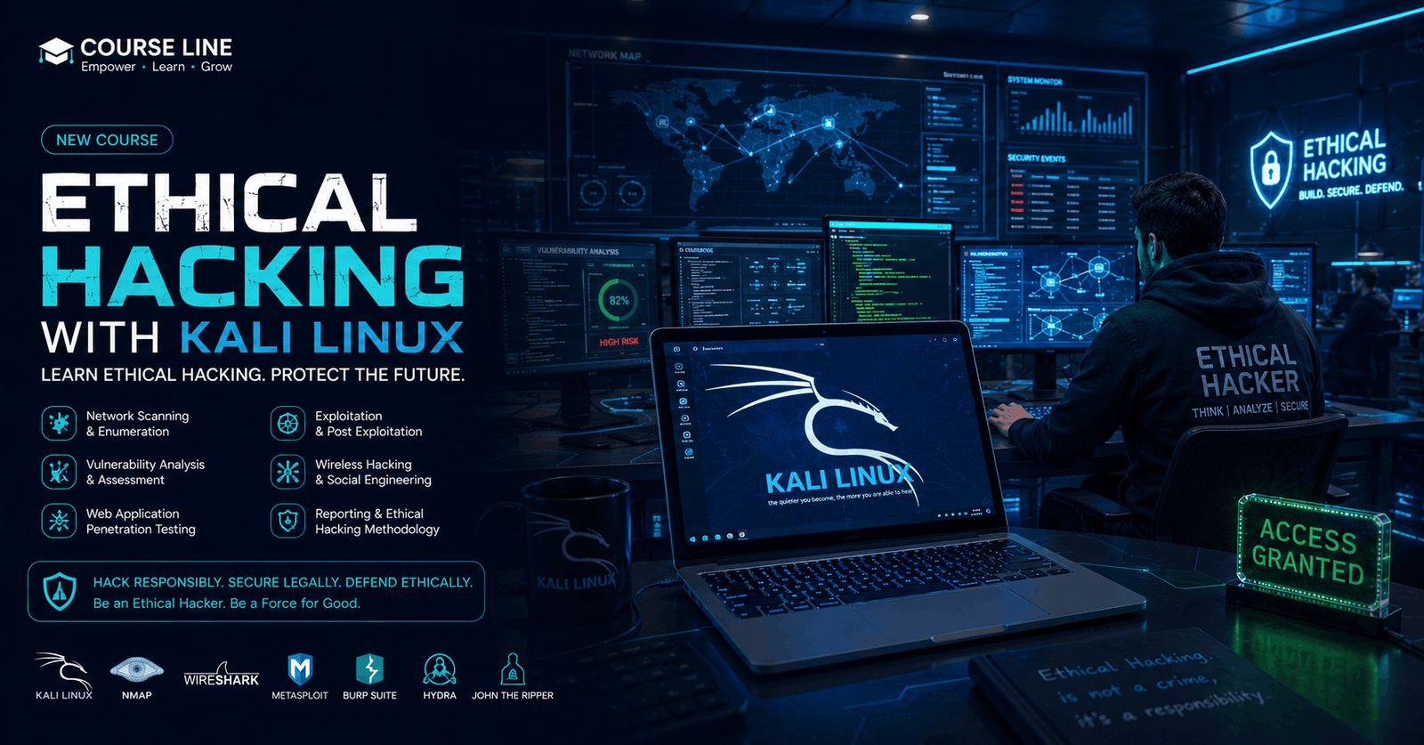 Ethical hacking course featuring Kali Linux, cybersecurity tools, network security, and penetration testing concepts.