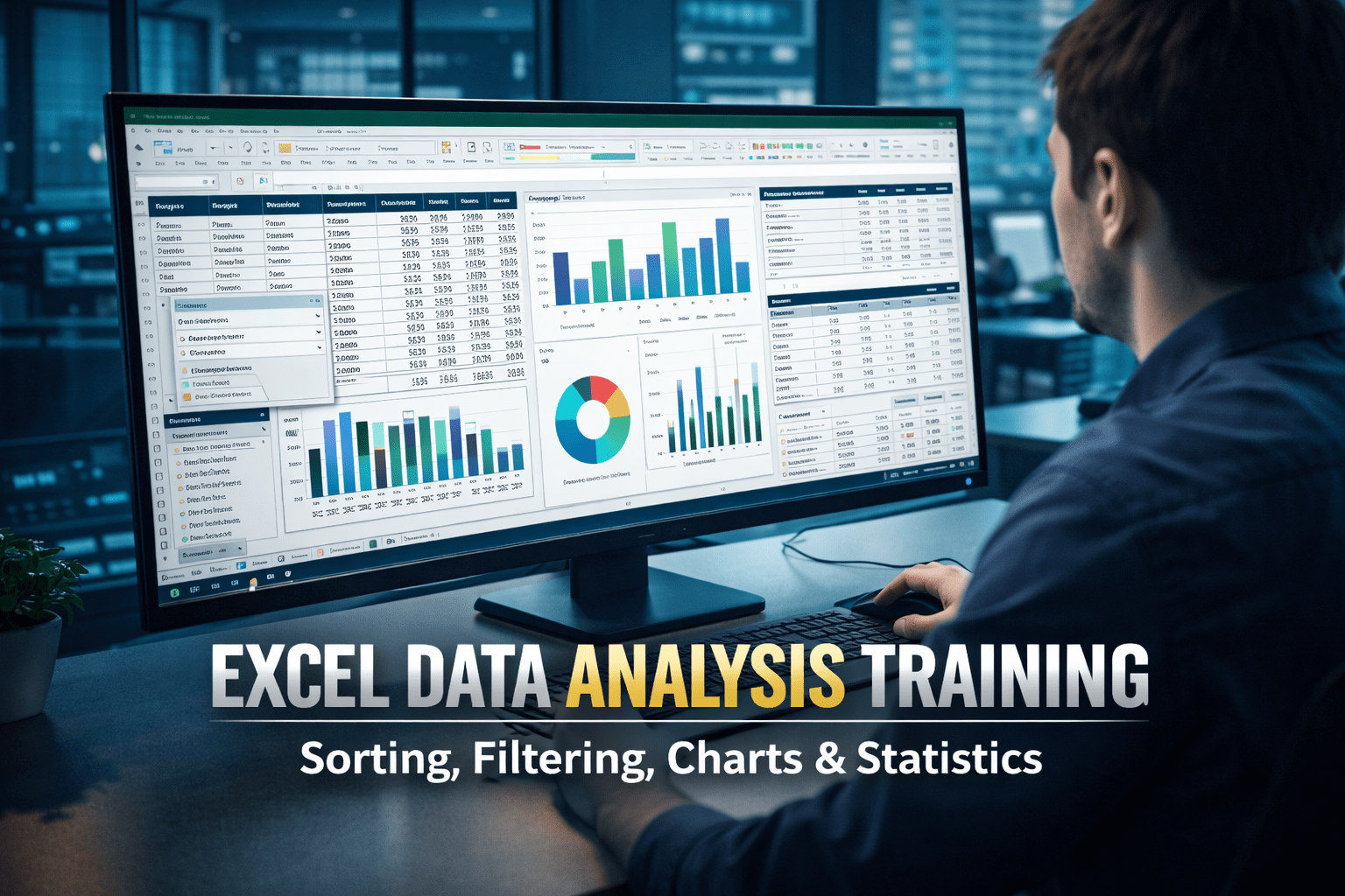excel data analysis showing charts, tables and filters on a professional Microsoft Excel dashboard