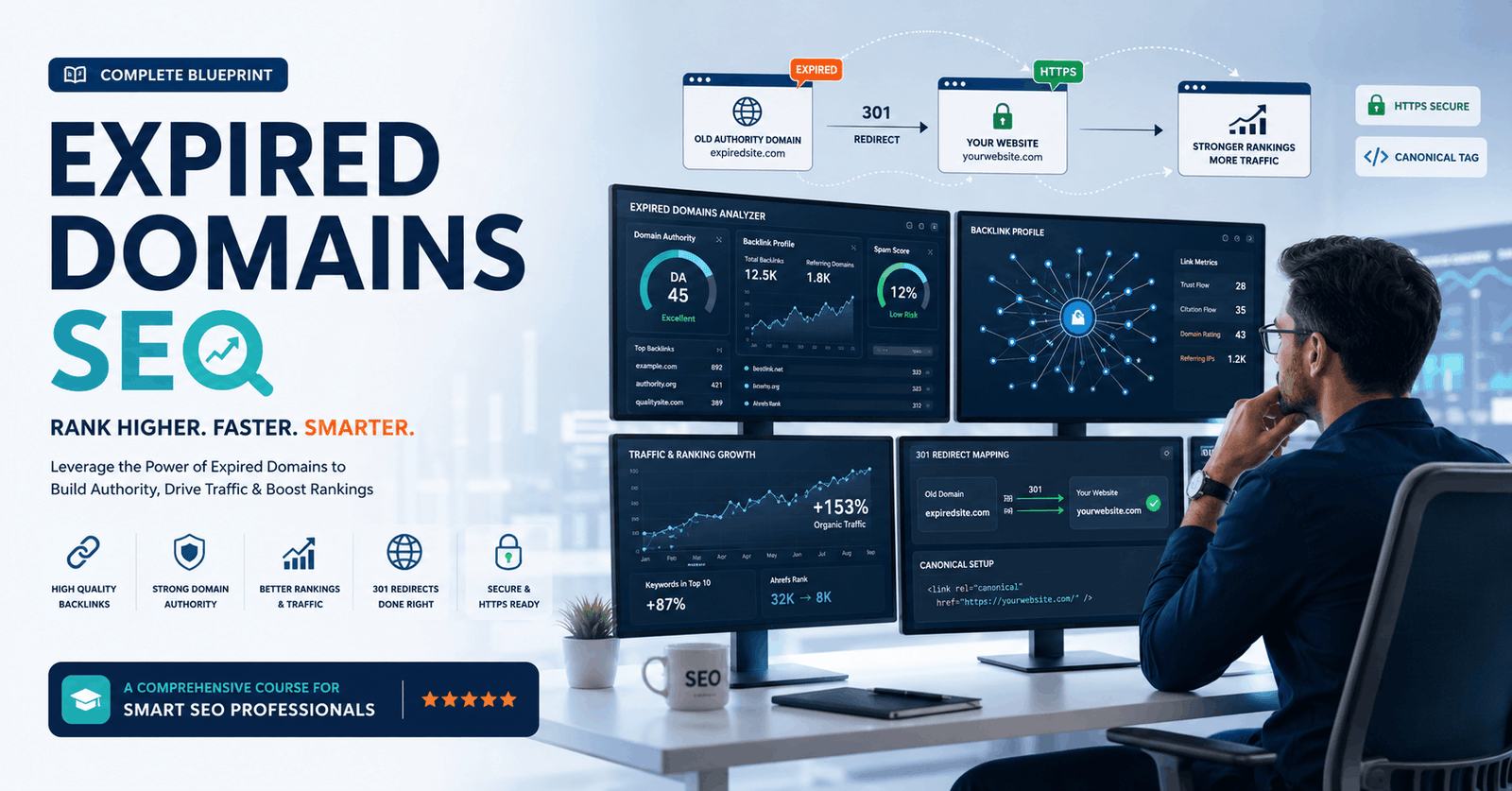 Illustration of Expired Domains SEO using 301 redirects, domain analysis, and website authority growth.