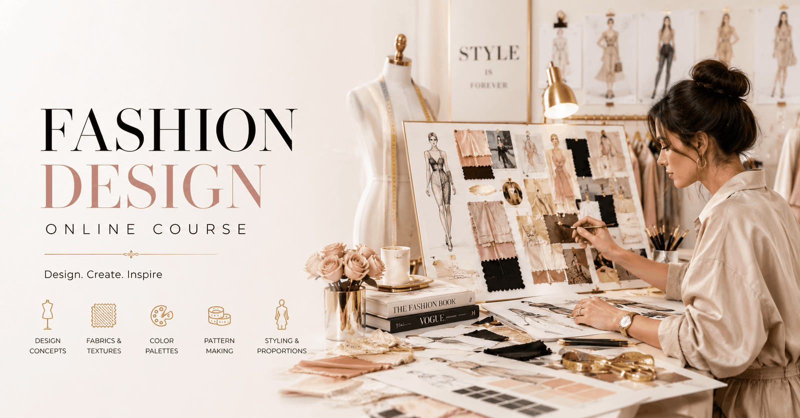 Fashion Design course showing styling concepts, body shapes, fabrics, patterns, accessories and creative mood boards.