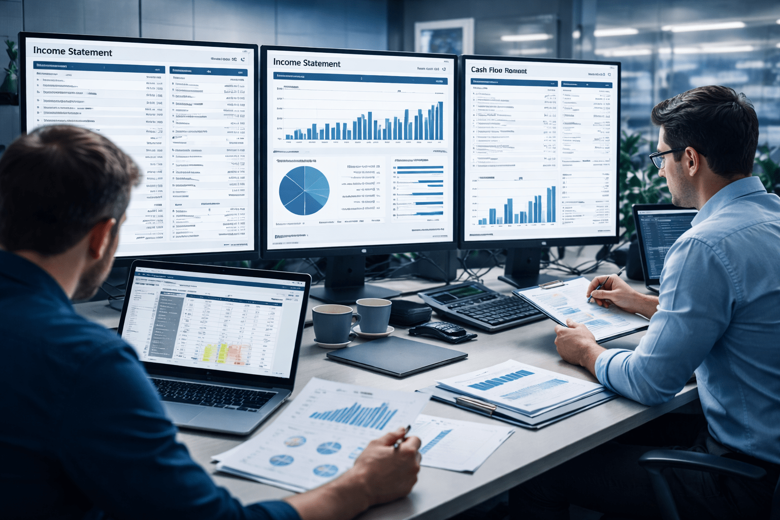Financial statement analysis showing balance sheets, income statements and cash flow reports on professional dashboards