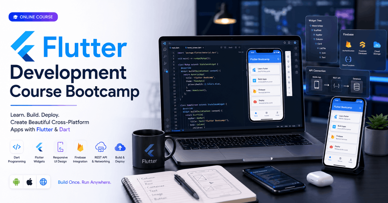 Flutter Development Course showing Dart code, mobile app interface, widgets, Firebase integration, and app development tools.