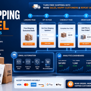 Free Shipping Funnel built with ClickFunnels showing landing pages, upsells, email automation, and checkout flow.