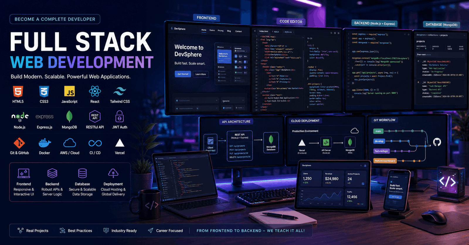 Full Stack Web Development course showing frontend, backend, databases, coding tools, and modern web application projects.