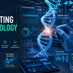 Gene editing biotechnology showing CRISPR DNA editing, genome engineering, and biotechnology laboratory research.