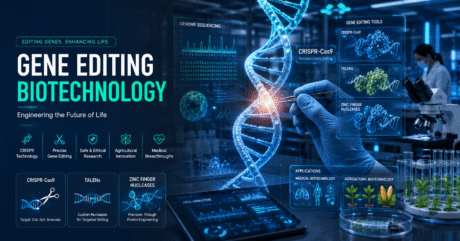 Gene editing biotechnology showing CRISPR DNA editing, genome engineering, and biotechnology laboratory research.