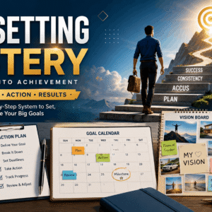 Goal Setting Mastery illustration with SMART goals, planning, motivation, and success roadmap for personal growth.