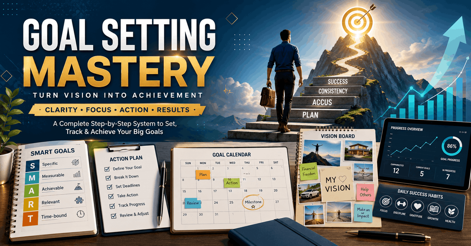 Goal Setting Mastery illustration with SMART goals, planning, motivation, and success roadmap for personal growth.