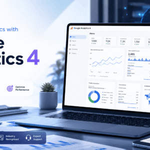 Google Analytics 4 dashboard showing reports, user behaviour, conversions, tracking data, and advanced analytics insights.