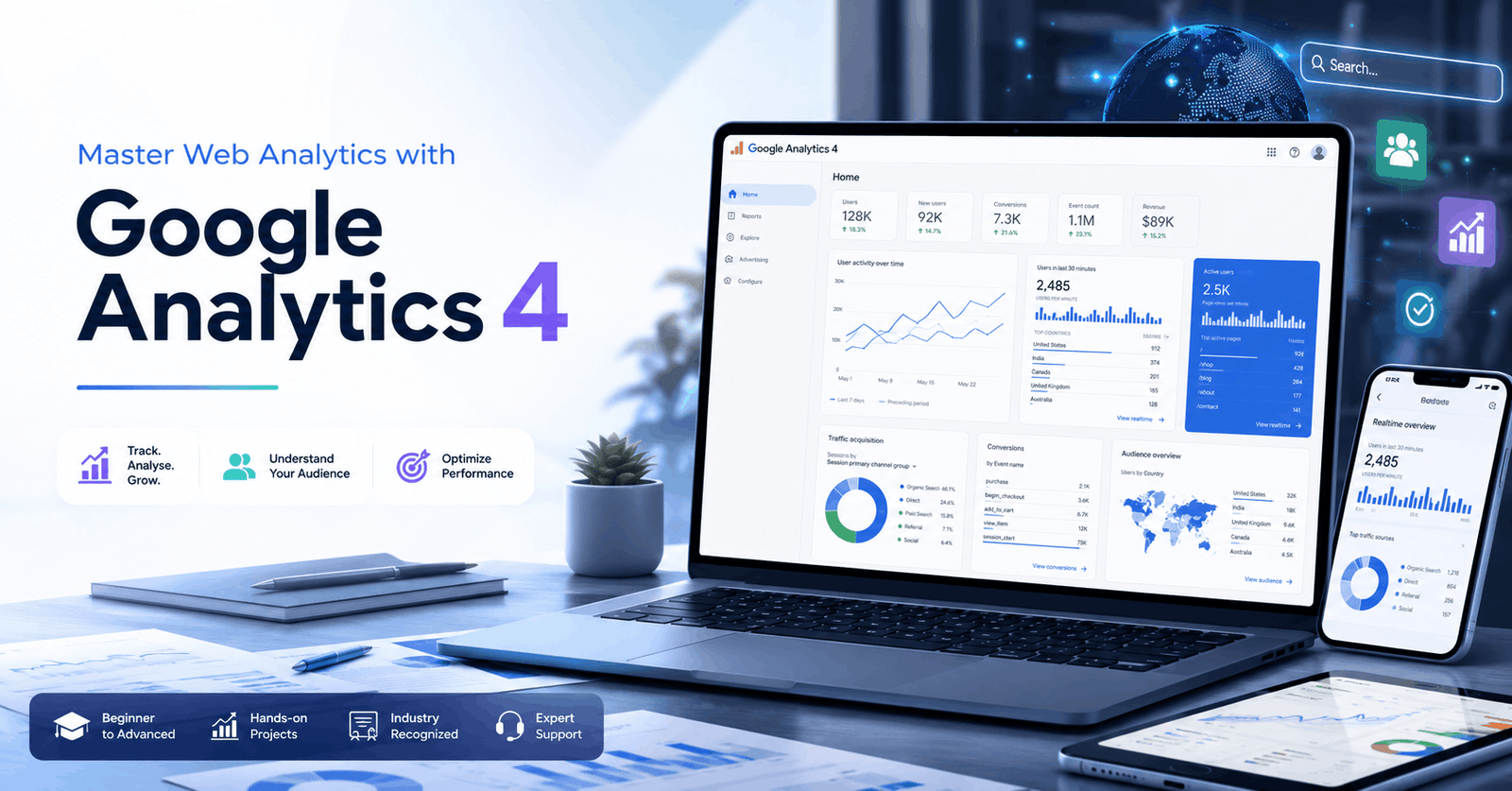 Google Analytics 4 dashboard showing reports, user behaviour, conversions, tracking data, and advanced analytics insights.
