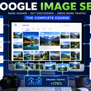 Google Image SEO dashboard showing image optimisation, ALT text, keyword research, and search ranking improvements.