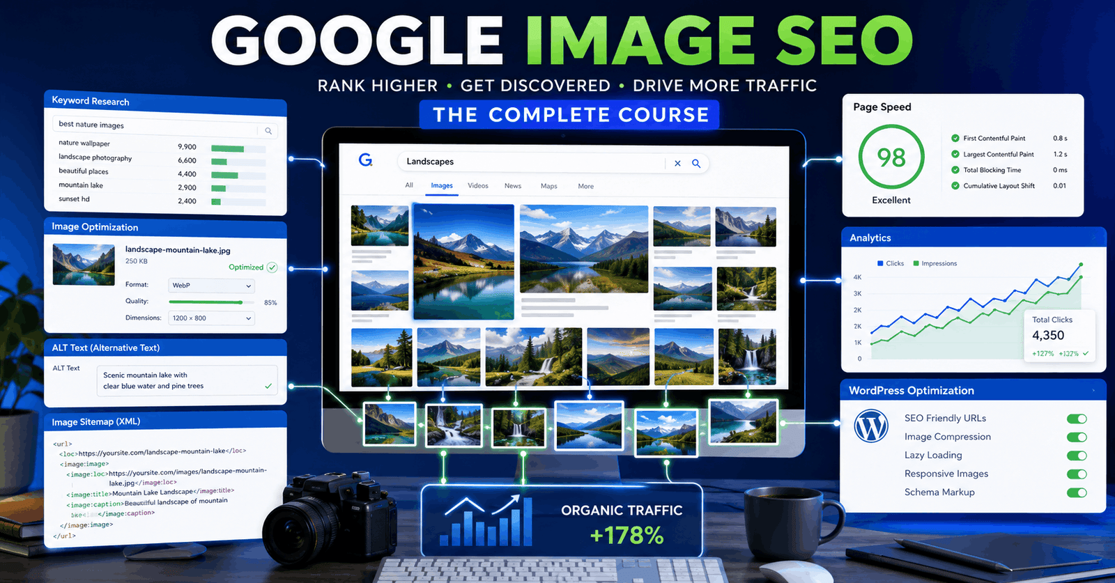 Google Image SEO dashboard showing image optimisation, ALT text, keyword research, and search ranking improvements.