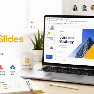 Google Slides Course showing presentation editing, themes, charts, multimedia, and collaboration tools on a modern workspace.