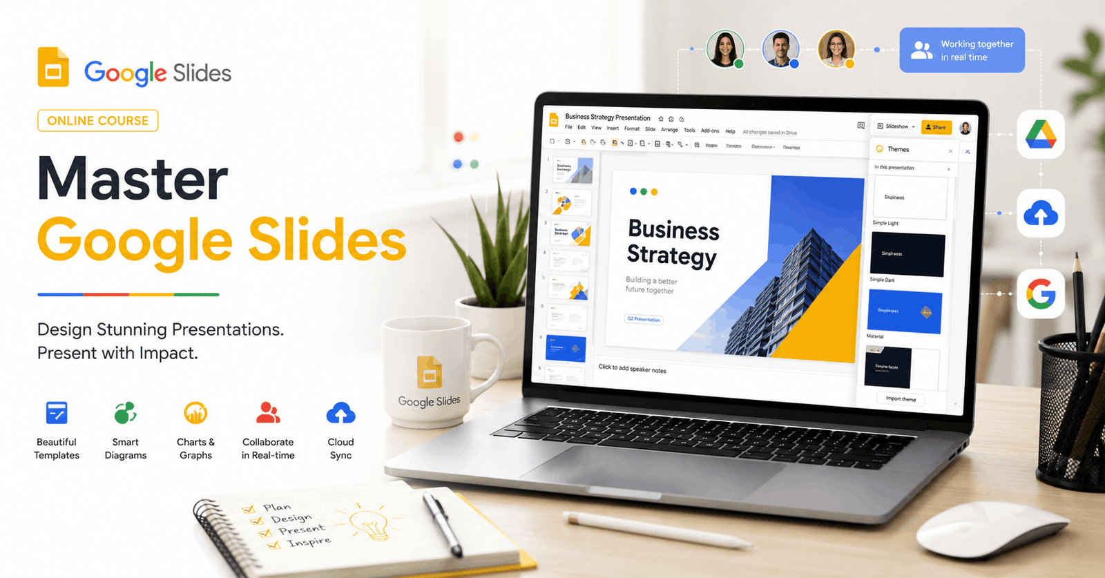 Google Slides Course showing presentation editing, themes, charts, multimedia, and collaboration tools on a modern workspace.