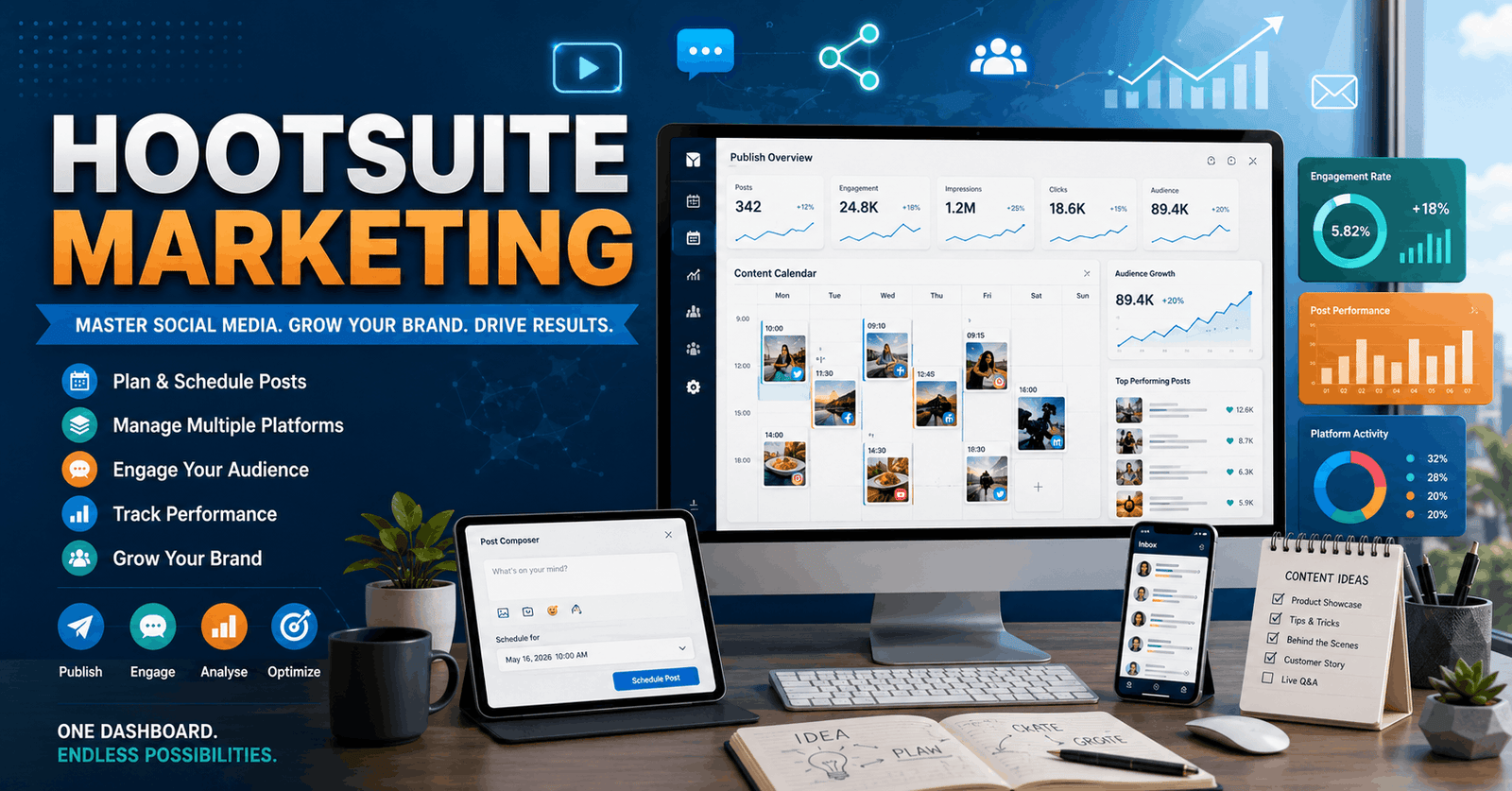Hootsuite Marketing dashboard showing post scheduling, analytics, and multi-platform social media management.