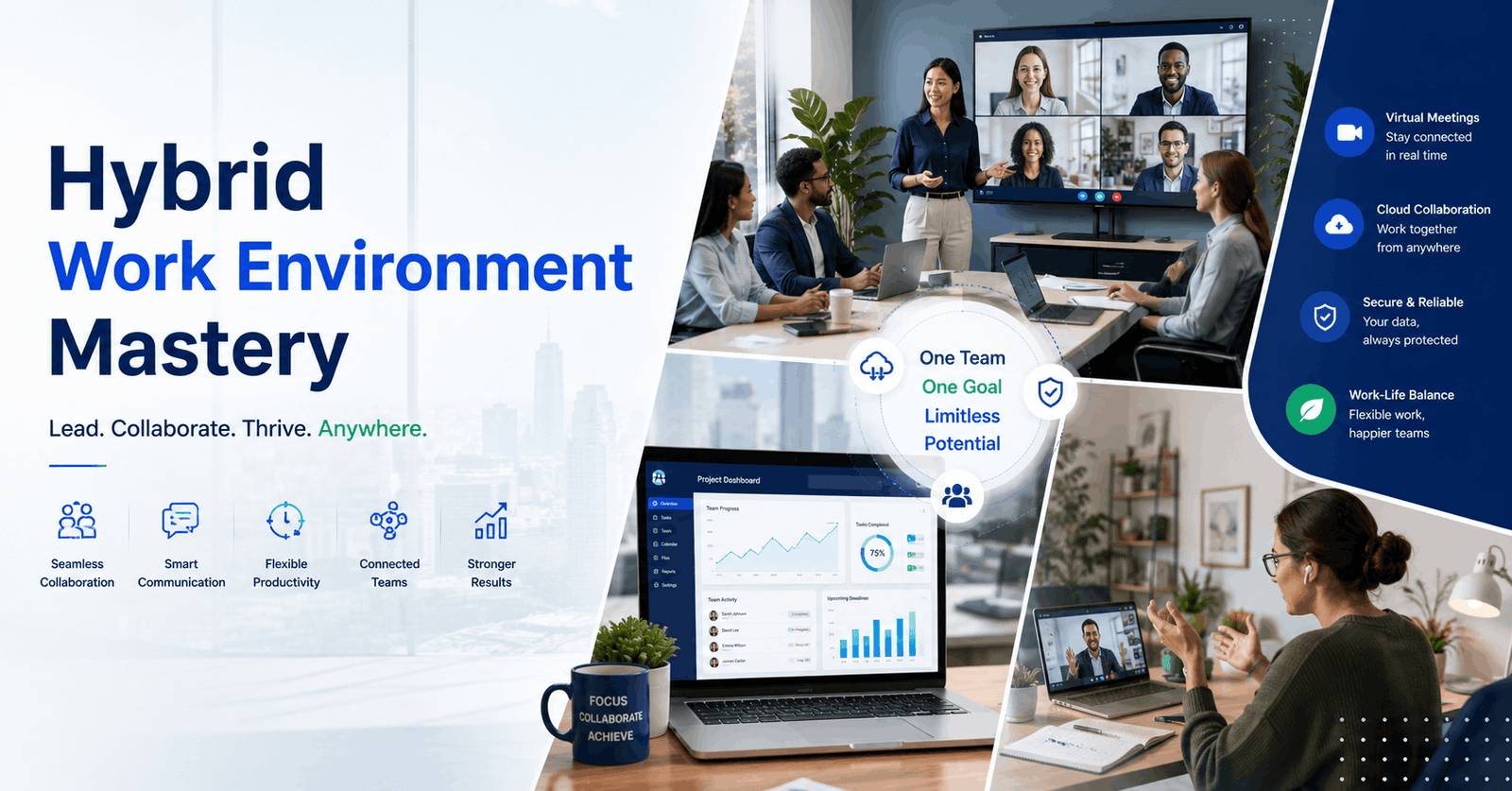 Professional team collaborating in a Hybrid Work Environment using office meetings and remote video conferencing tools.