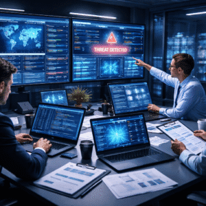 Information security audit showing auditors analysing cyber risks, access controls and system logs in a modern security operations centre