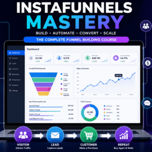 InstaFunnels Mastery dashboard showing sales funnels, landing pages, email automation, and lead generation tools.